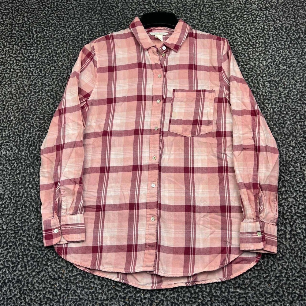 H&M Button Up Shirt Women 8 Pink Plaid Flannel Cotton Long Sleeve Collared